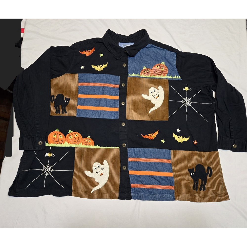 Liz & Me Halloween Patchwork Long Sleeve Button Up Shirt Size 5X Plus Sz Autumn